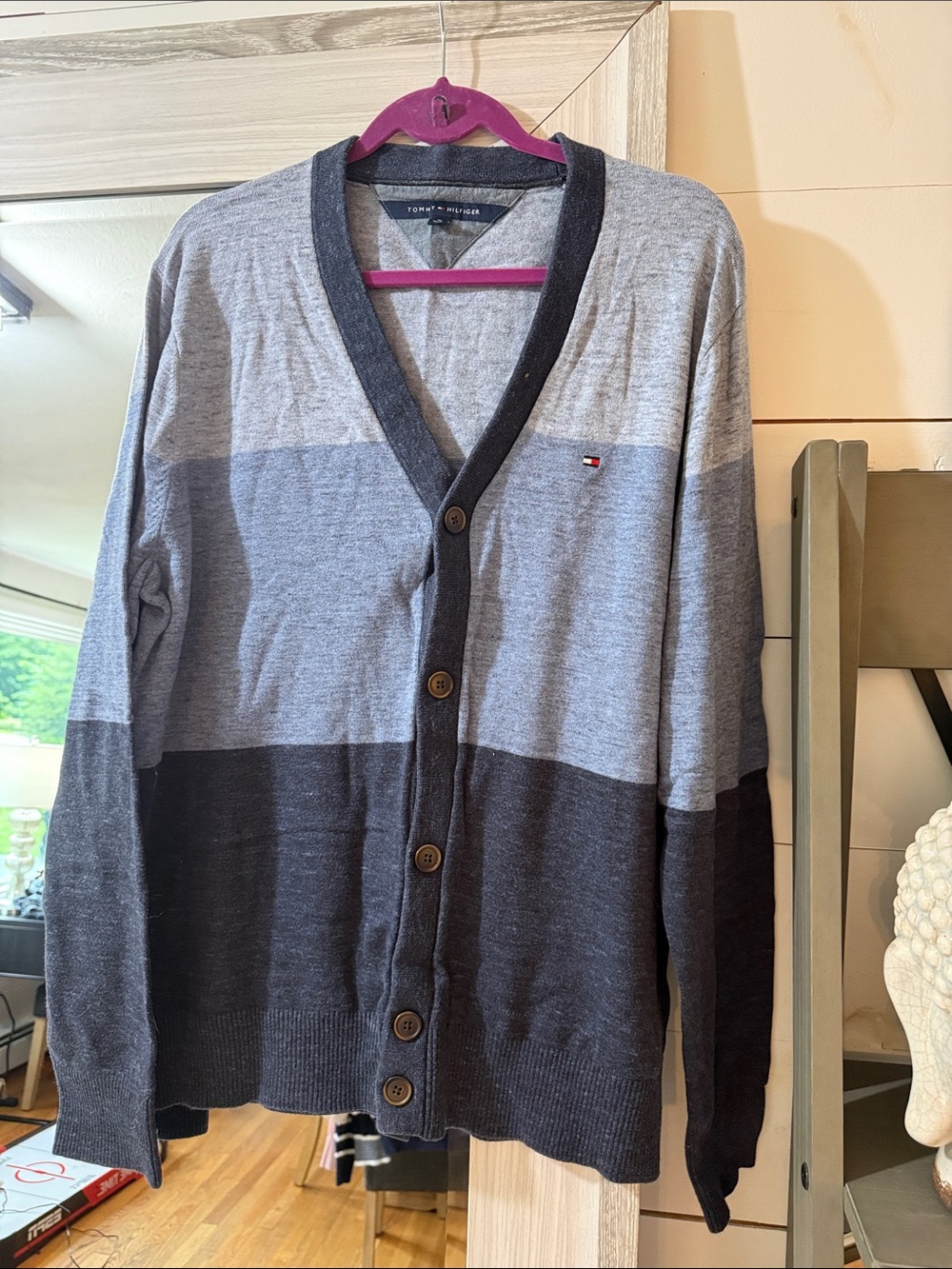 Tommy Hilfiger Men’s Gray Block-Striped V-Neck Cardigan